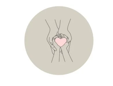 Minimal line drawing of adult hands gently holding a child’s hands around a pink heart on a beige circle background, representing adoption therapy and support for adoptees and families.