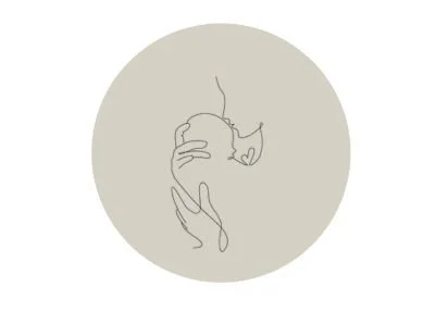 Minimal line drawing of a parent gently holding a baby on a beige circle background, representing postpartum therapy at Haven Wellness in Palm Desert