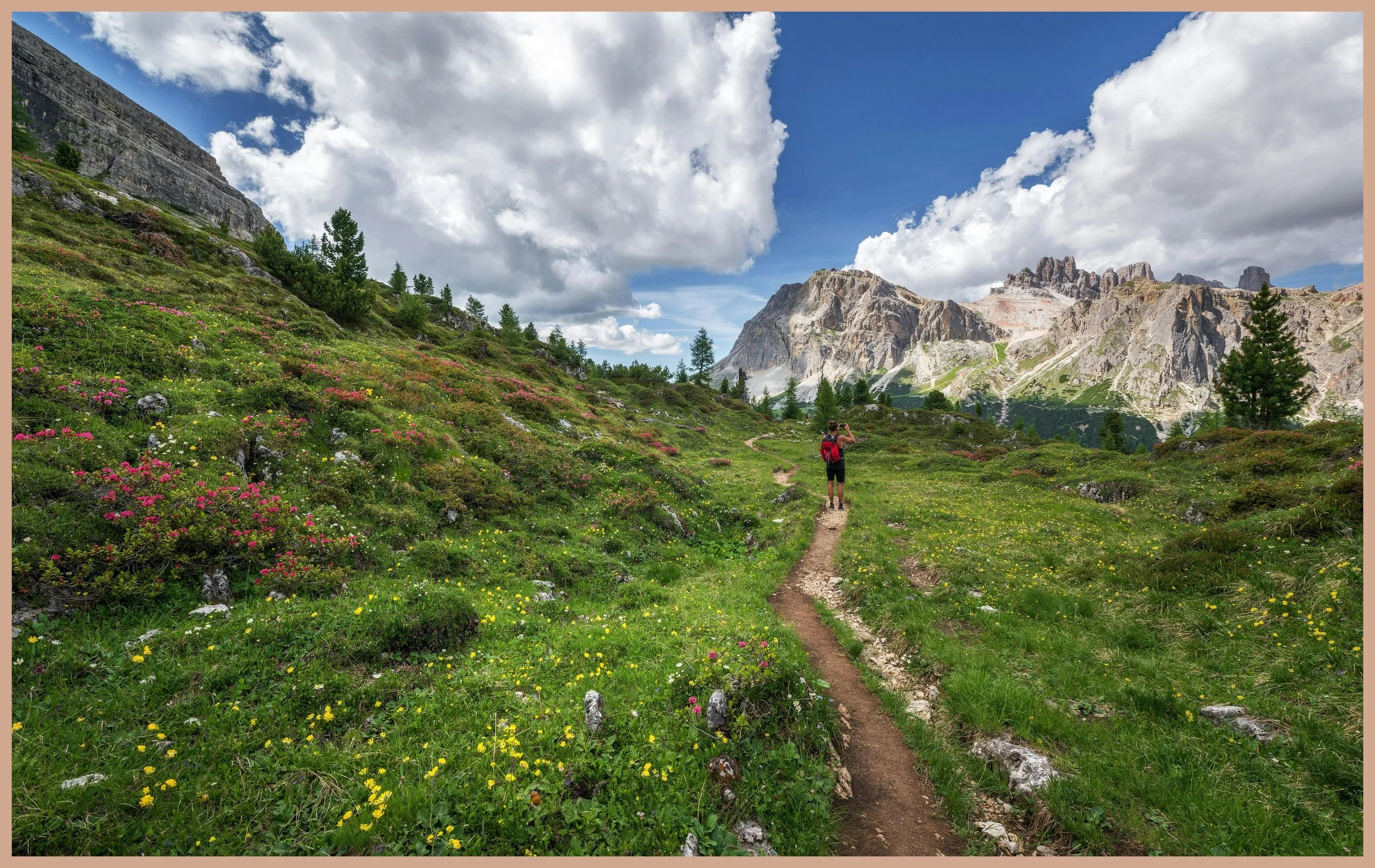 A hiker wearing a red backpack walking on a trail in a lush green mountain landscape with colorful wildflowers, towering mountains in the background, and a partly cloudy sky.