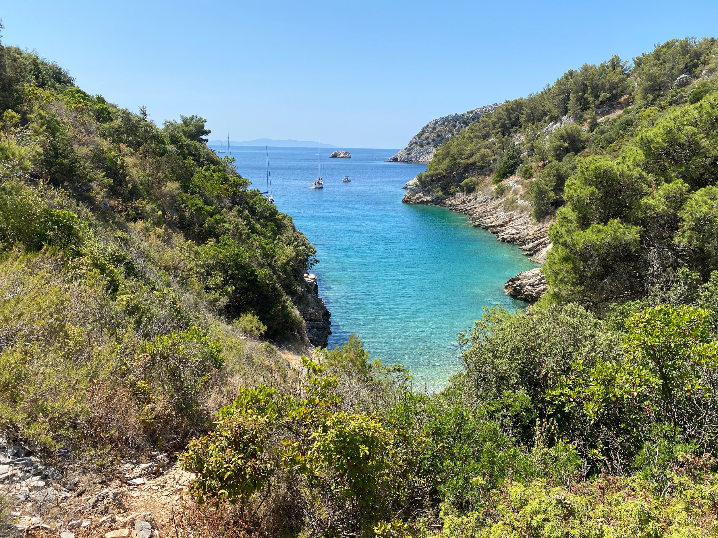 A scenic coastal view of a blue cove surrounded by lush green hills with sailboats anchored in the water and a clear blue sky overhead.