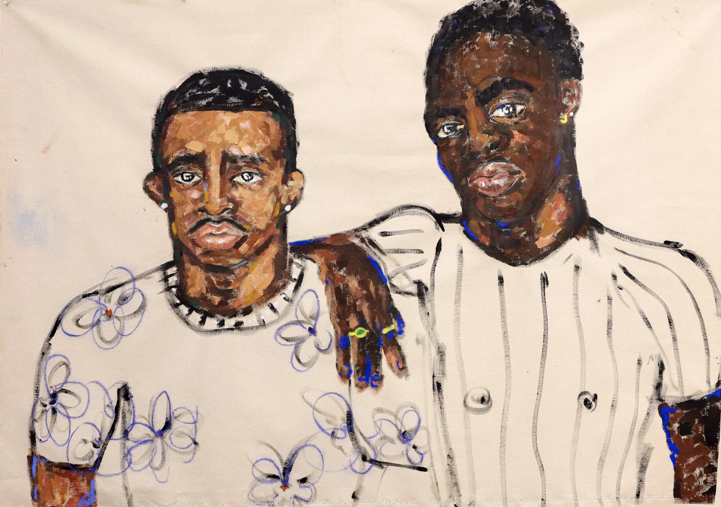 The boys in the corner of the hood are softer than you think. | Acrylic, pastels, and coffee grounds on canvas. | 