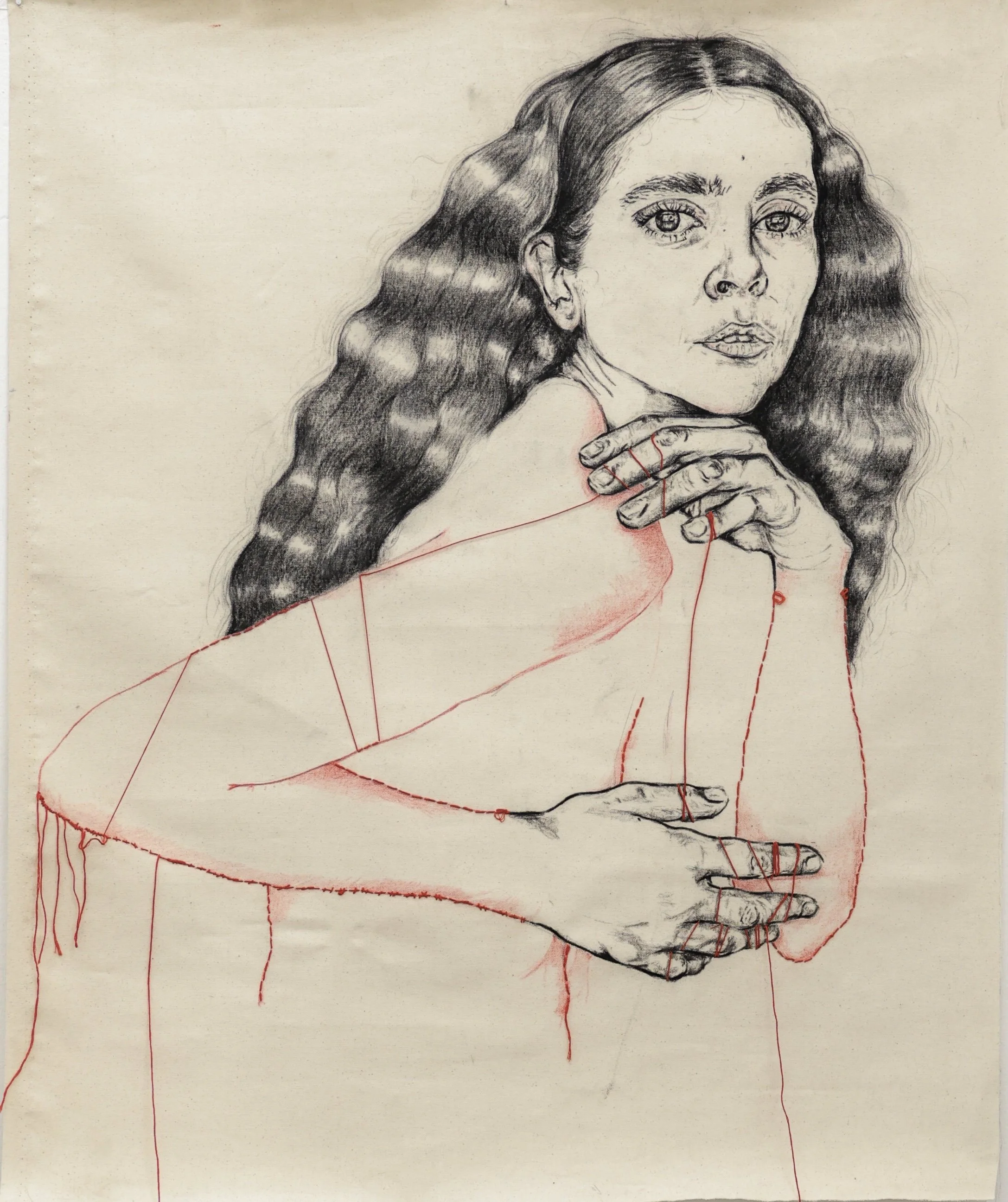 Tengo hilos. Tengo huecos. Tengo amargos. |  Charcoal, color pencil, thread on untreated canvas. | 39.2 inches x 32 inches.