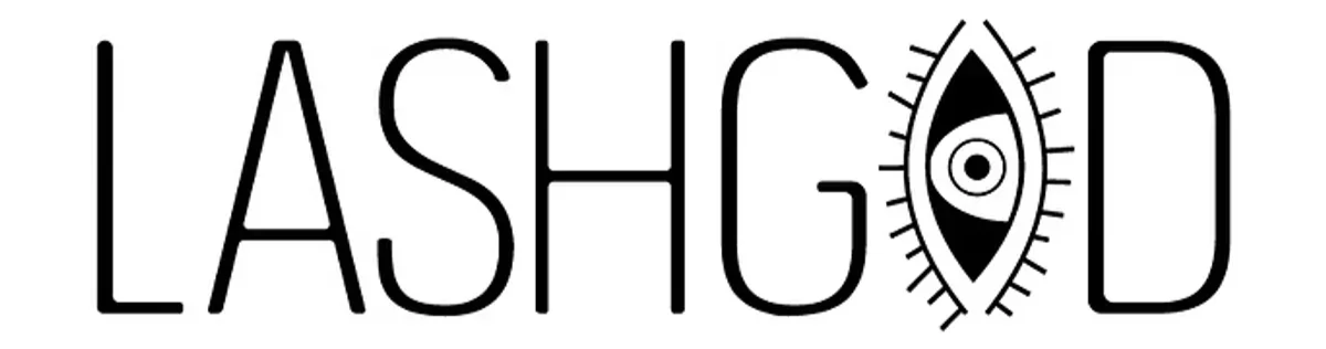 The word "LASHGED" in black capital letters, with an eye illustration replacing the letter 'E' in the word, featuring an iris, eyelashes, and concentric circles.