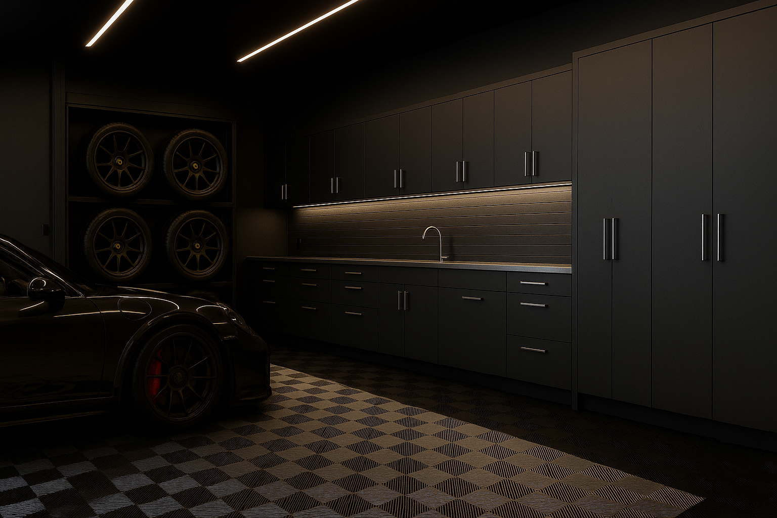 A dark garage with black cabinets, a tool sink, and a wall of four car wheels.