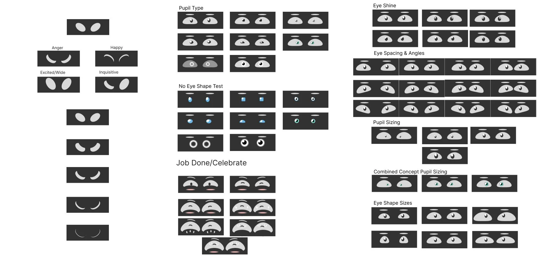 Eye concept exploration and refinement. testing potential changes to the eye design to cater more to the target audience.