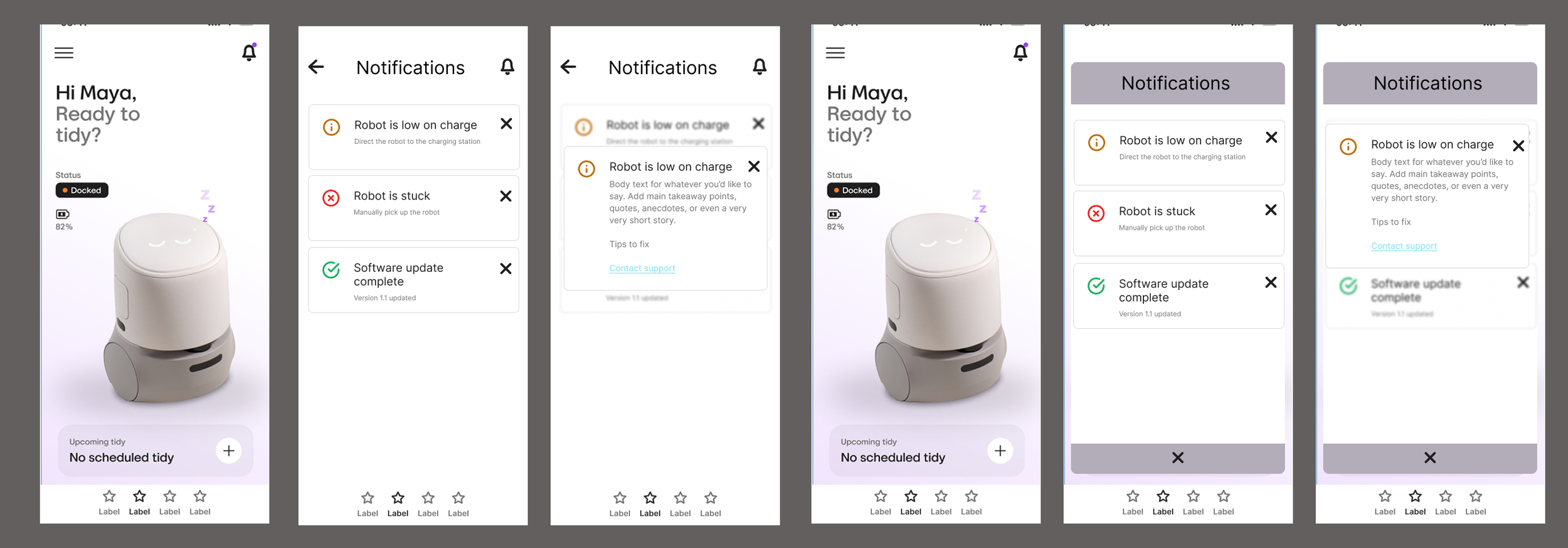 Low fidelity notification wireframe concept recreation using a screenshot and design kits. The purpose of the work was to explore how notifications would be stored and accessed within the app.