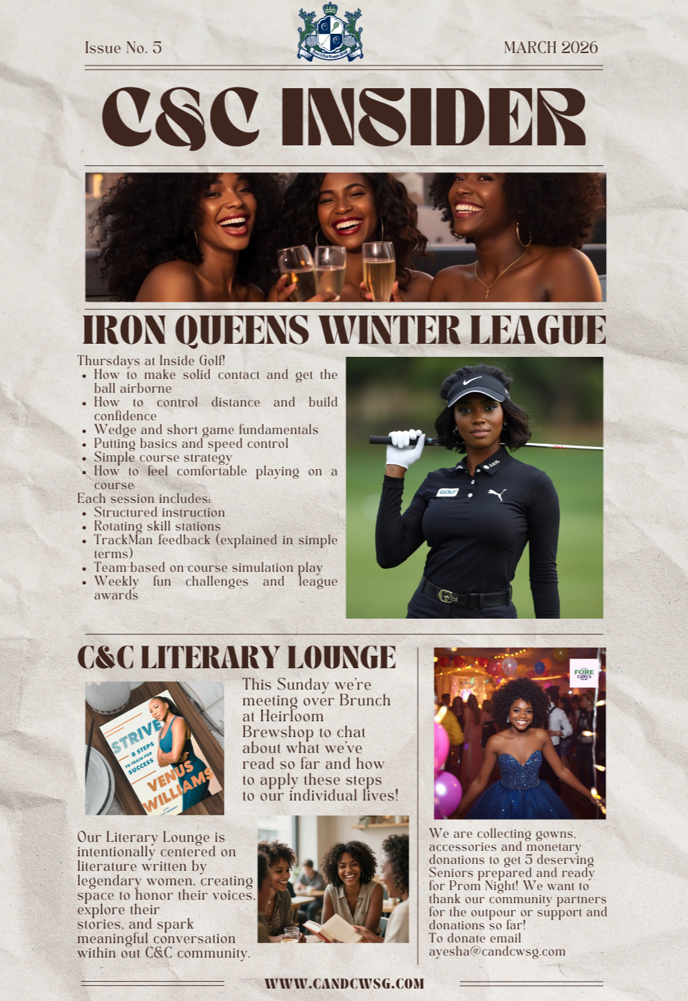 A newsletter titled 'C&C INSIDER' from March 2026, Issue No. 5. It features images of three women celebrating with drinks, a woman golfer in a black Nike outfit, and a woman in a blue gown at an event. The newsletter promotes a winter golf league, a literary lounge event, and community donations.