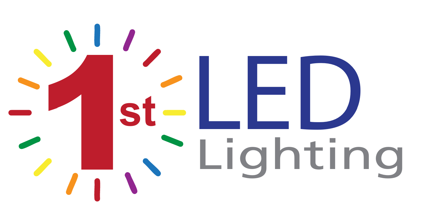 Logo celebrating first anniversary of LED lighting with a large red number one, colorful lines around it, and the text '1st LED Lighting' in blue and gray.