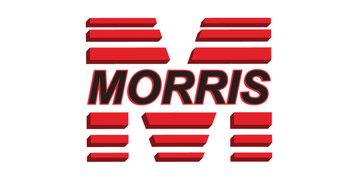 Red and black logo with the word 'MORRIS' over a stylized letter 'M' formed by horizontal red bars.