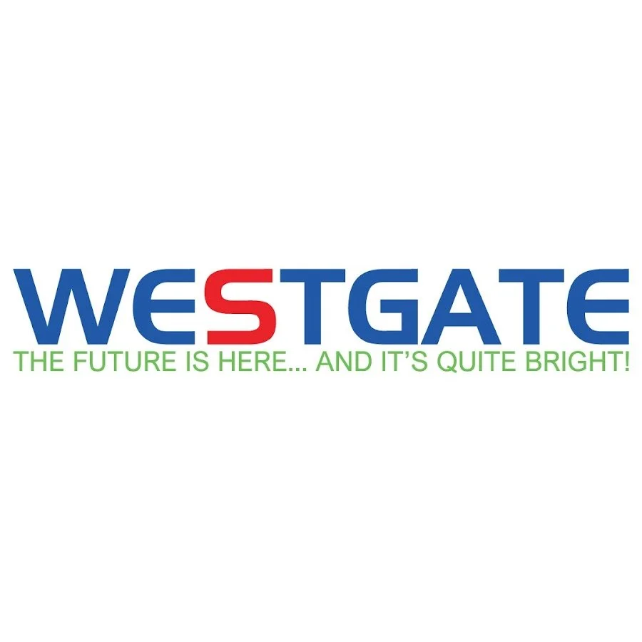 Logo with the text 'WESTGATE' in blue and red, and a tagline 'THE FUTURE IS HERE... AND IT'S QUITE BRIGHT!' in green.