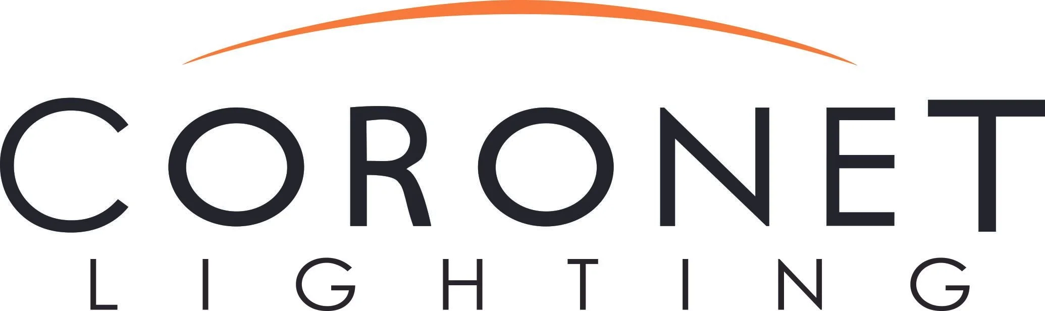 Logo of Coronet Lighting with black text and an orange curved line above the company name.