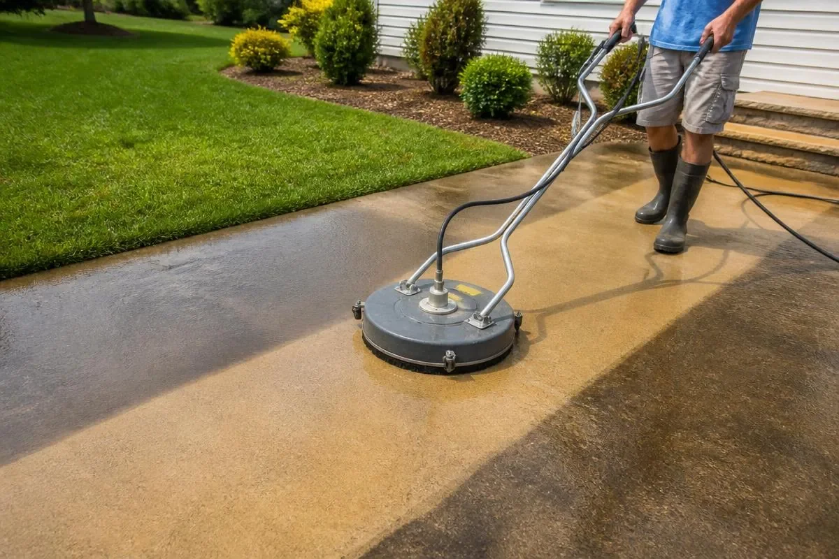 Person using a wet concrete grinder on a driveway to create a decorative or textured surface, with grass and shrubs in the background.