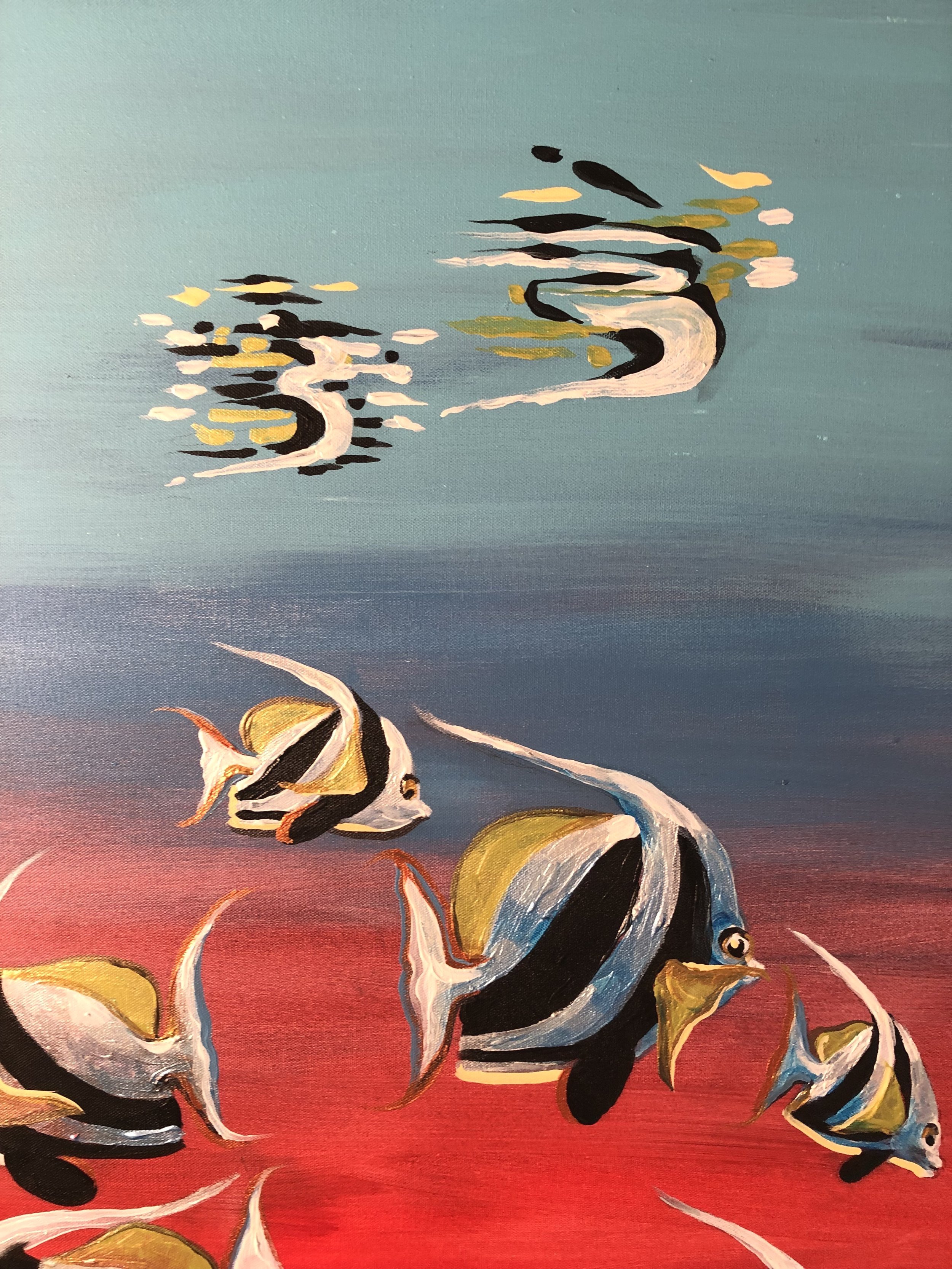 Abstract painting of fish swimming in water