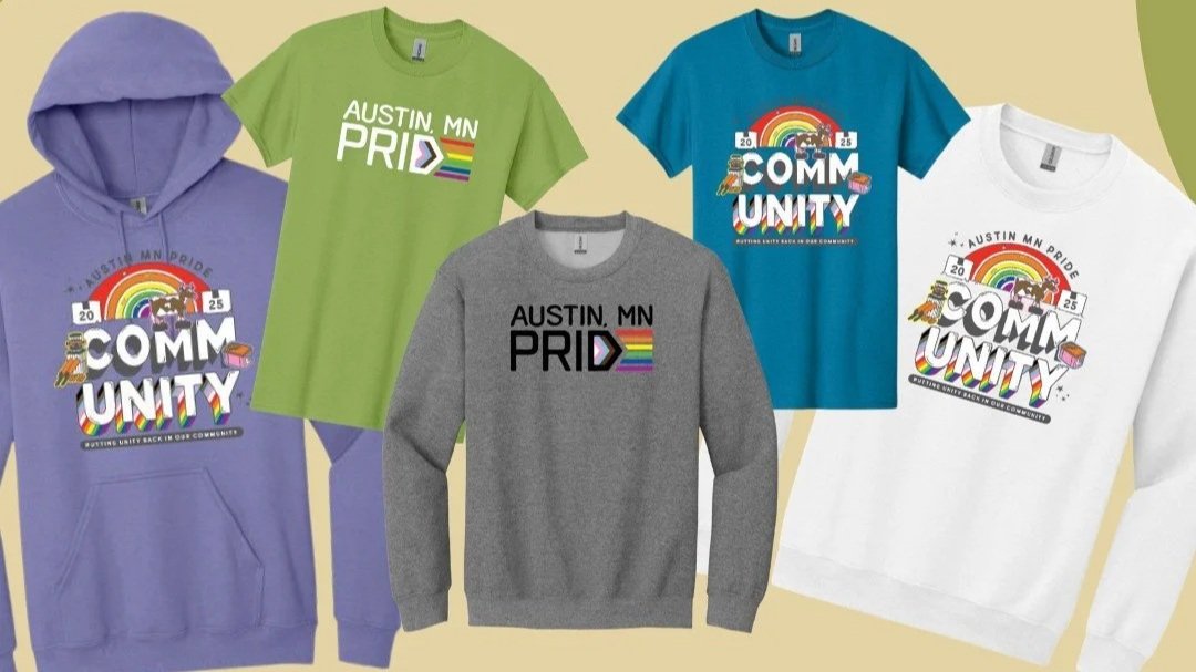 Images of different clothing items with the Austin MN Pride logos