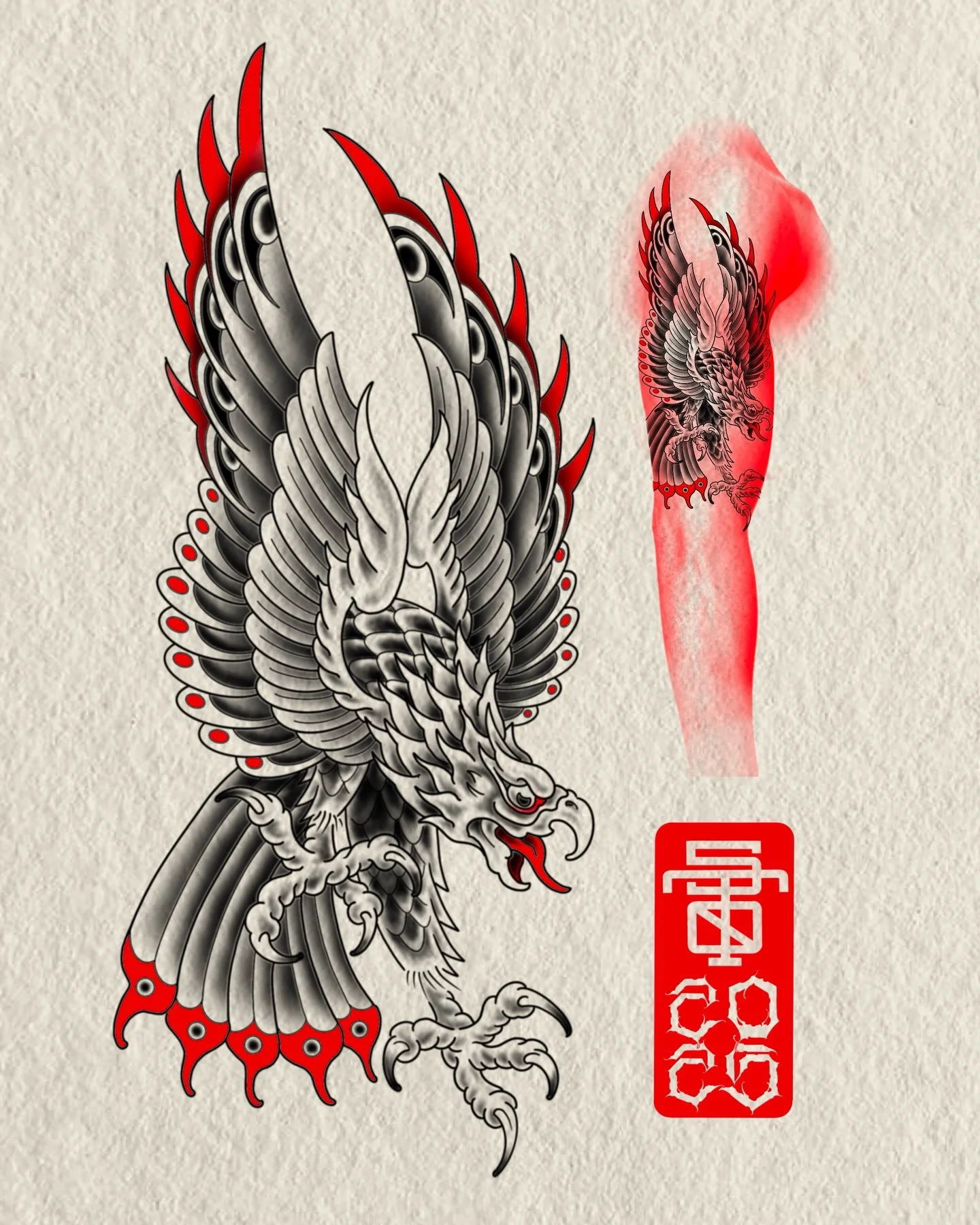 Up for grabs!
Pictured as a bicep piece in black grey and red but can be made to be worn in other placements or palettes. Dm or email to book this piece or let me know what you would like to see drawn next!
.
.
.
#upforgrabs #flash #tattoo #eagle #tr