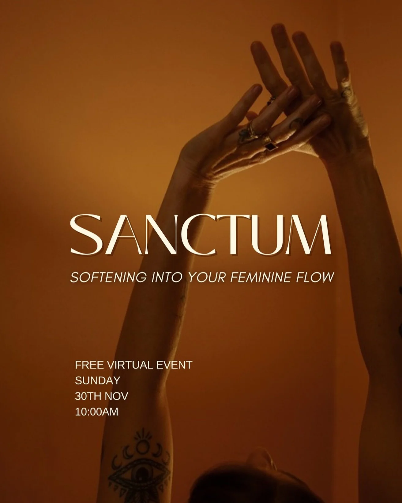 SANCTUM

A Free virtual Drop In to soften, open
and return to your feminine flow.

There is a place inside you that has been whispering, a quiet, tender place where your body unclenches, your breath deepens 
and your soul feels safe to exhale again.
