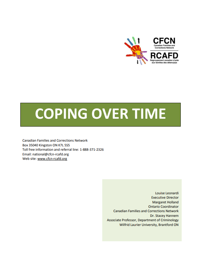 Document titled "COPING OVER TIME" from the Canadian Families and Corrections Network and RCAF, with contact information and a list of names and titles including Louise Leonardi and Margaret Holland.