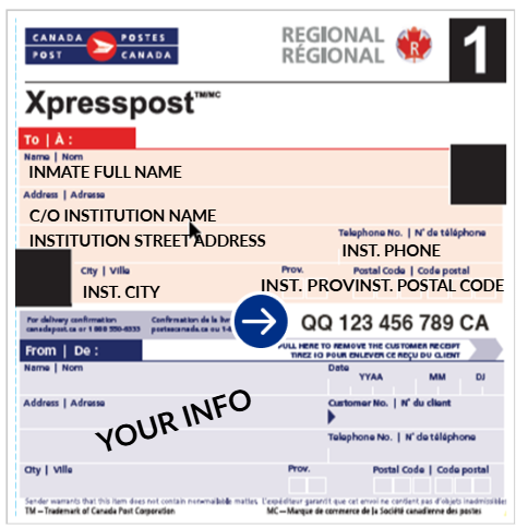 A Canadian post office Xpresspost shipping label form with red, black, and blue text fields for recipient and sender information, including address, city, province, postal code, and telephone number, as well as a tracking number, date, and other shipping details.