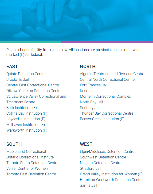 List of correctional facility names in Canada organized by regions: EAST, NORTH, SOUTH, WEST, with some marked as provincial or federal.