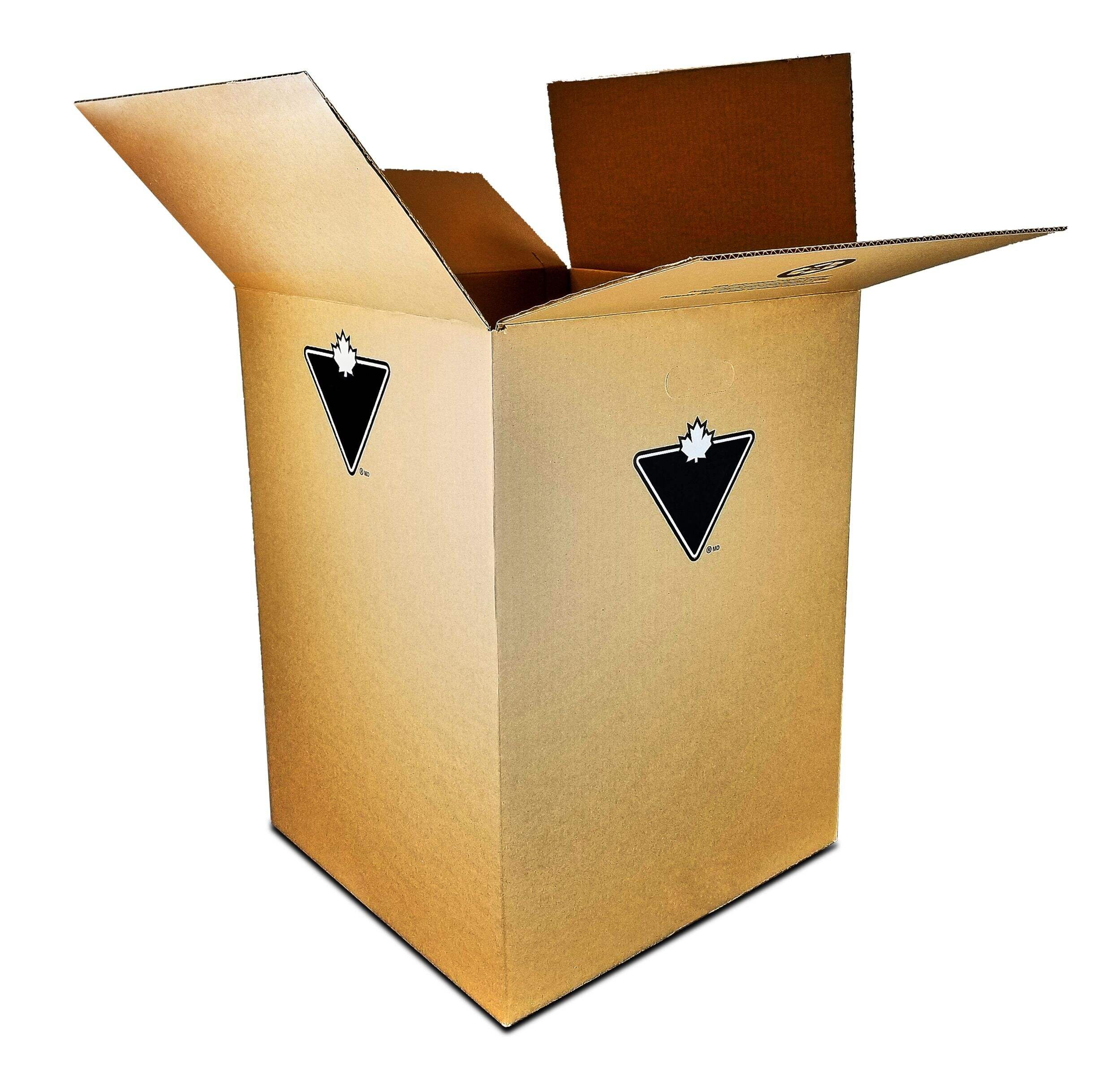 Open brown cardboard box set against a white background.