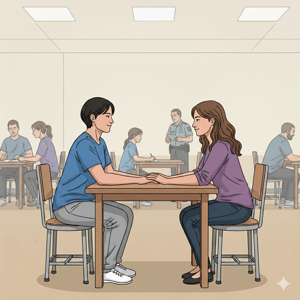 a man and woman sitting at a table during open visitation