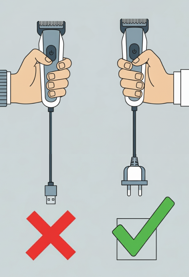 Illustration showing the correct plug in for an electrical device with a power cord, with a green checkmark, and the incorrect way with a red X.