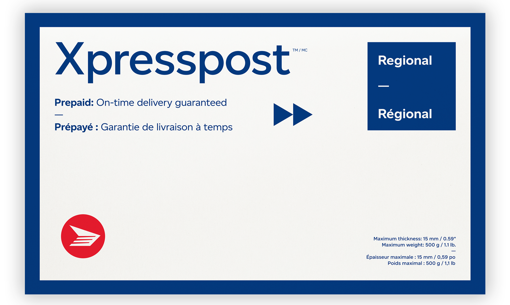 A package of Xpresspost regional prepaid mailing label with text in English and French, including delivery guarantees, maximum thickness and weight limits