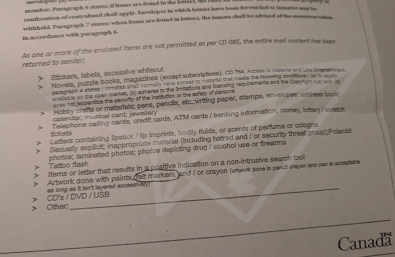 A list of mail items not permitted as per CD 085.