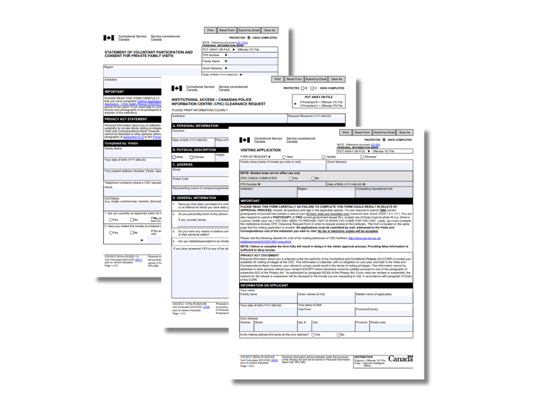 A scanned Canadian government visa application form for a personal visit, containing sections for personal information, physical description, address, general information, visiting application details, and applicant information.