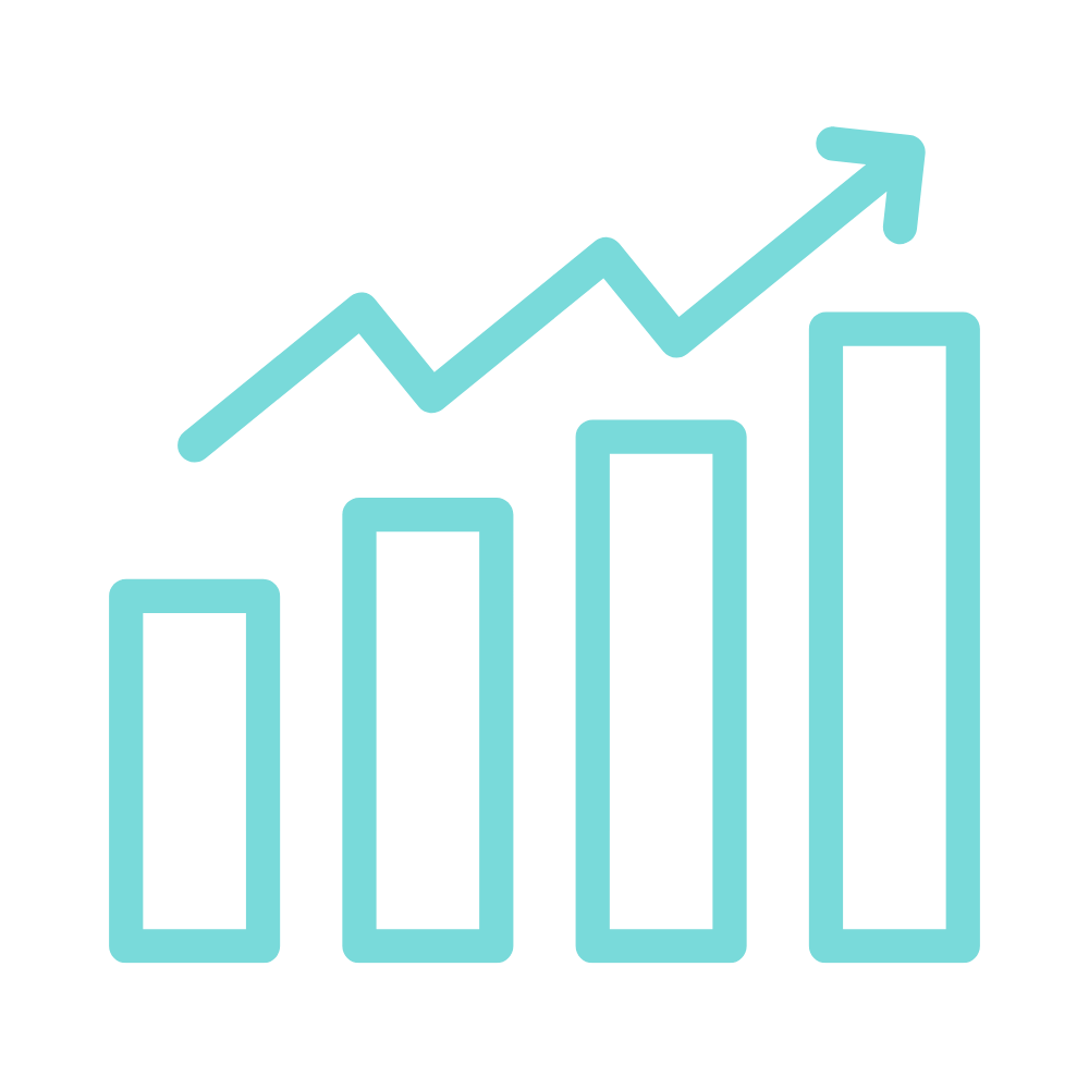 Icon of a bar chart with an upward arrow, representing progress and results.