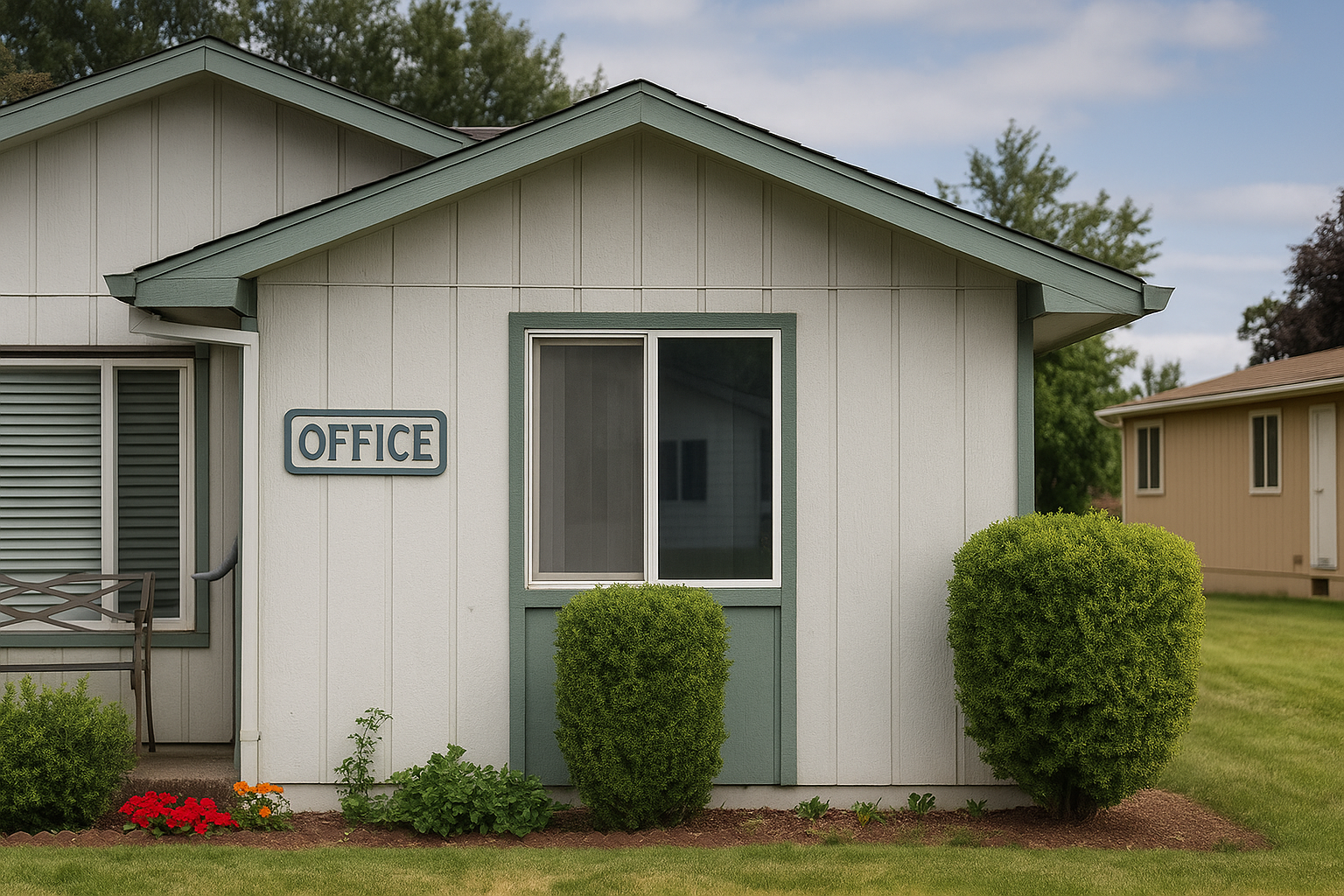 Exterior of a small office building with a sign labeled 'OFFICE', surrounded by bushes and a lawn.