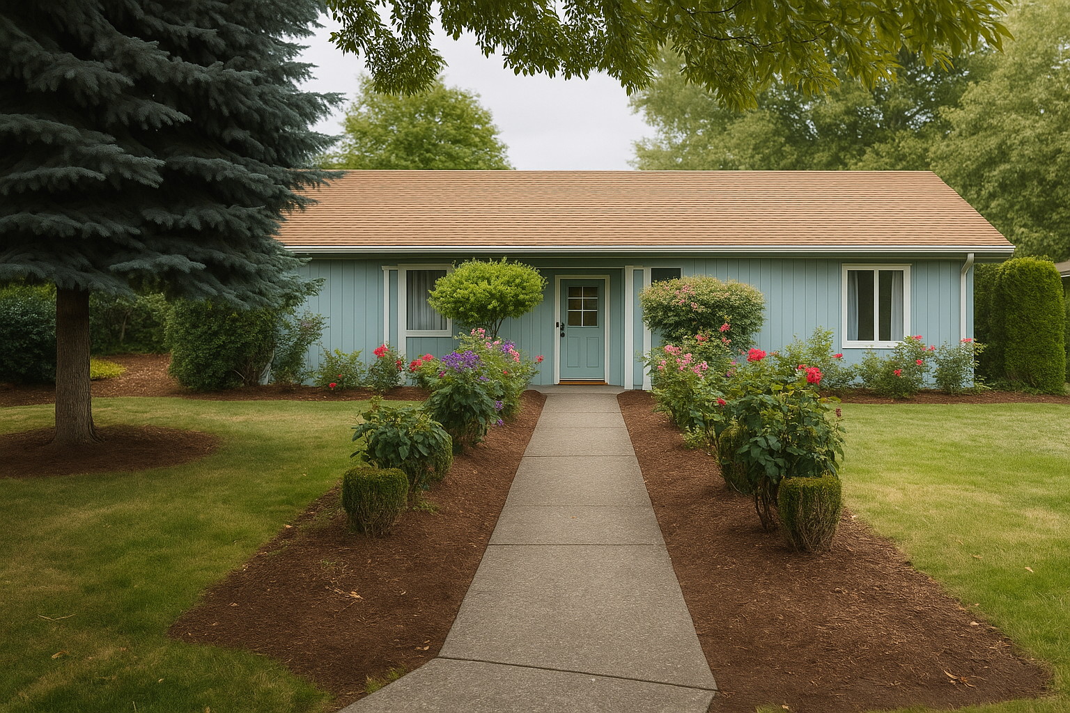 Front view of a light blue house with a brown roof, surrounded by a garden with trimmed bushes and flowering plants along a concrete walkway.