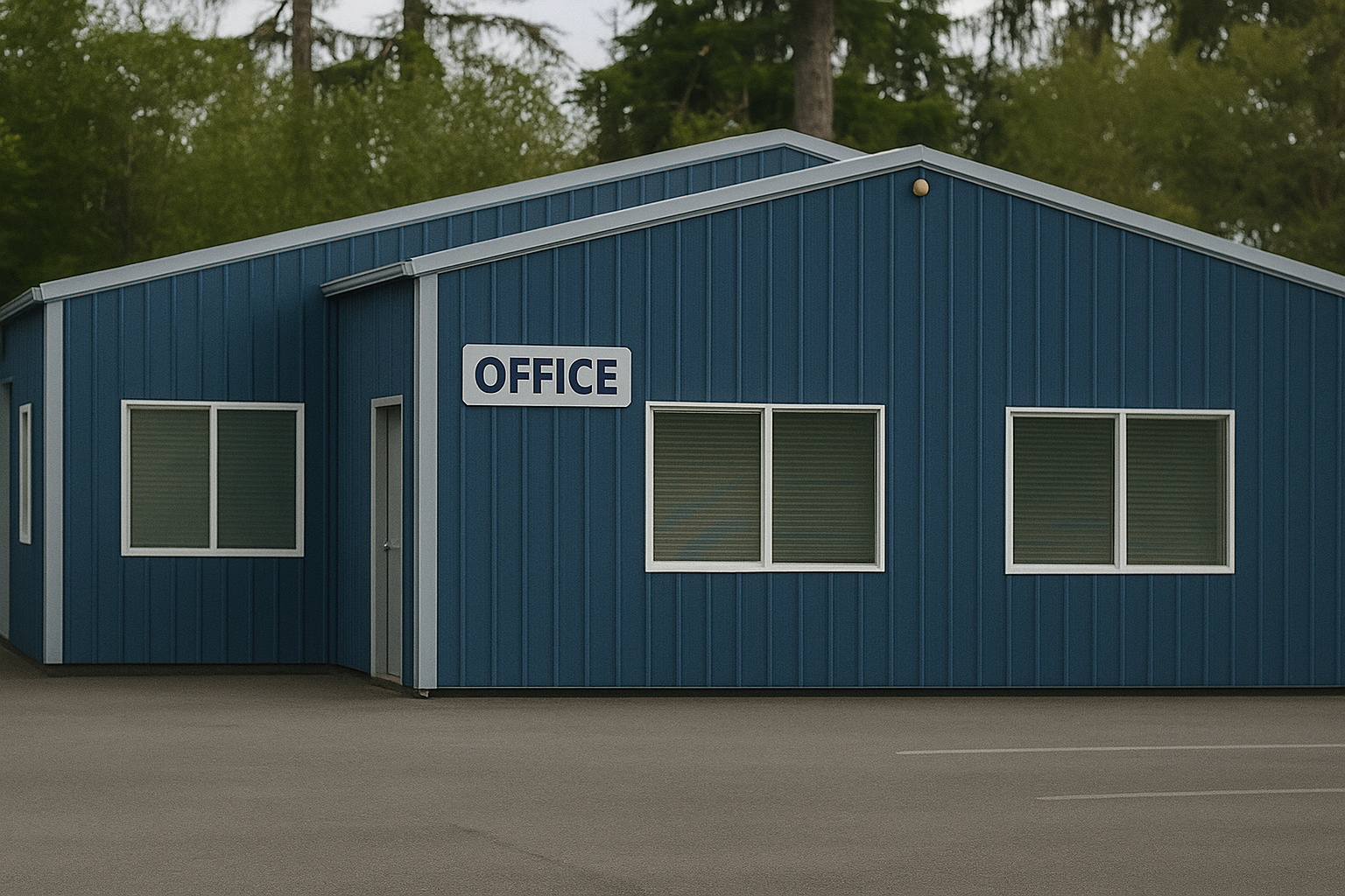 Blue office building with a sign that says 'OFFICE' and multiple windows, situated near a parking lot with trees in the background.