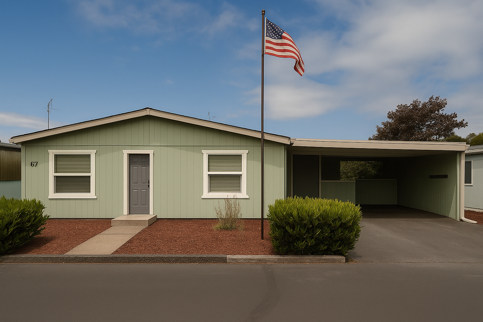 A single-story light green house with white trim, two windows with blinds, a gray front door, an American flag on a flagpole, and a carport on the right side, surrounded by a small garden with bushes and red mulch.