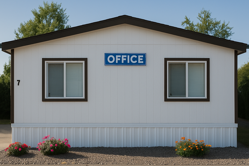 Small white office building with two windows, a blue sign that says 'OFFICE,' and flowers in front.