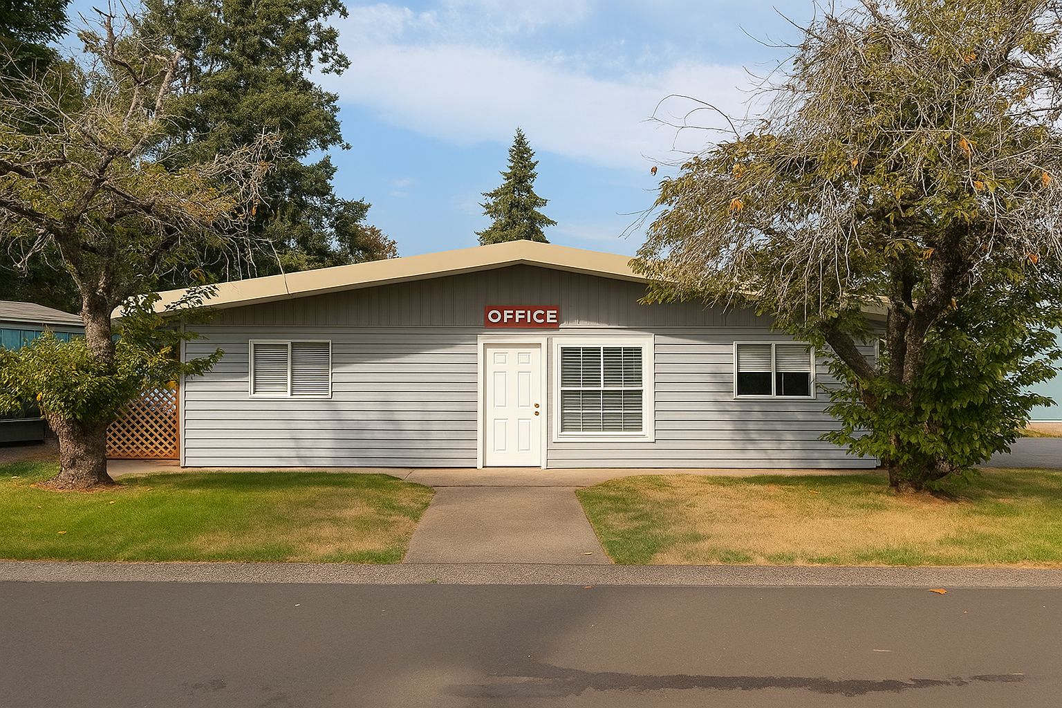 A small gray building with a sign labeled 'Office' on top, two trees on each side, and a sidewalk leading to the door, set against a partly cloudy sky.