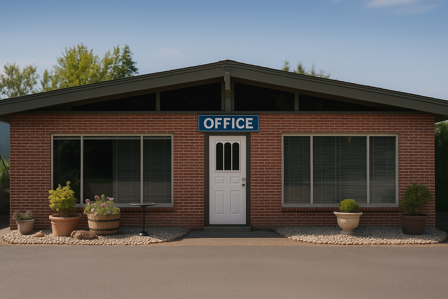 A small brick office building with large windows, potted plants outside, and a blue sign that says "OFFICE" above the door.