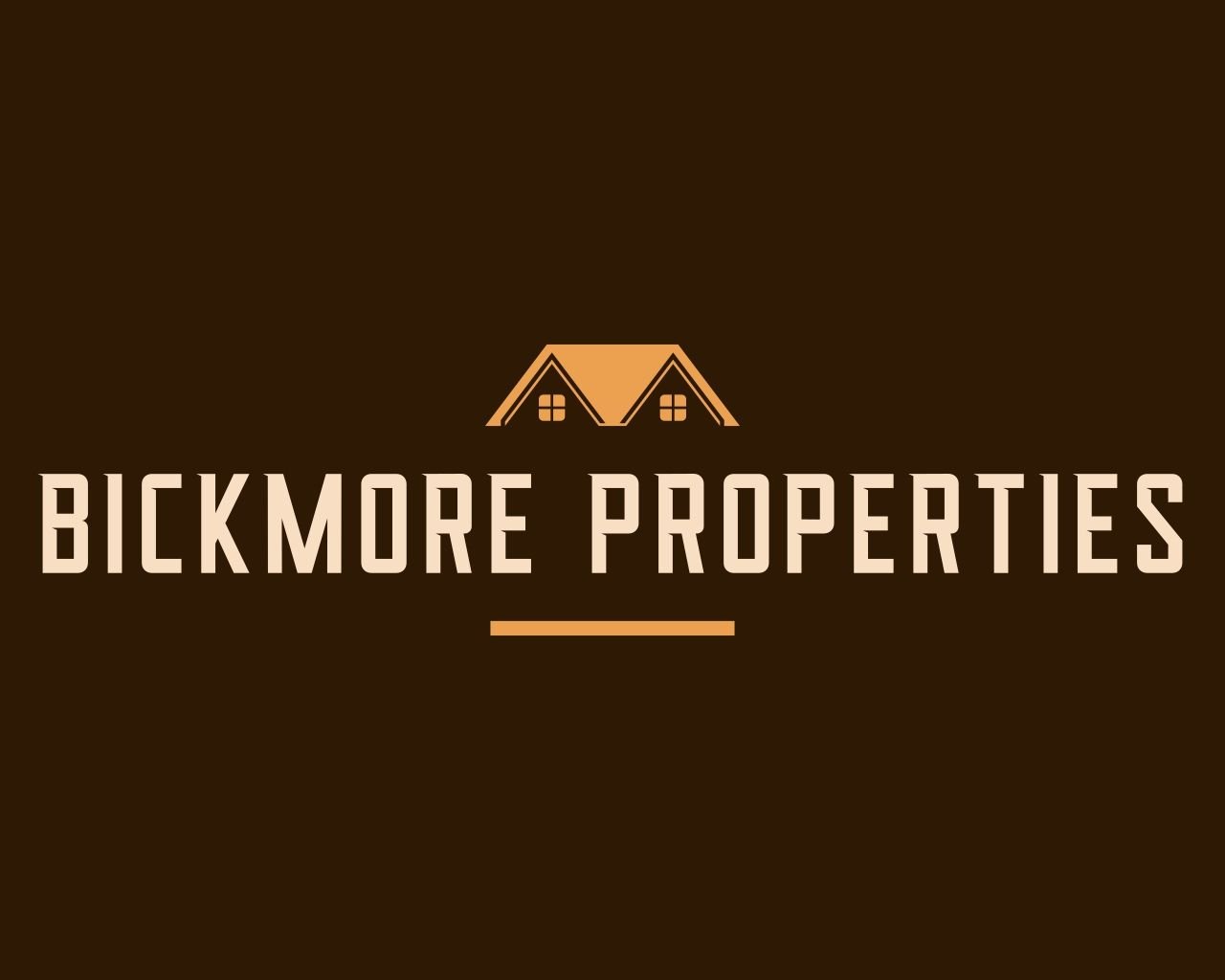 Logo for Bickmore Properties featuring a stylized house roof and windows above the company name on a dark background.