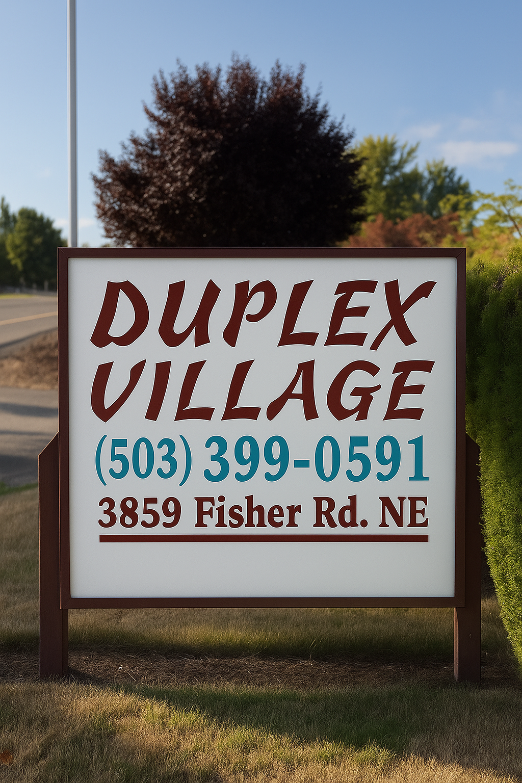 A sign for Duplex Village with a phone number and address in black and red text on a white background, outdoors with trees and a road in the background.