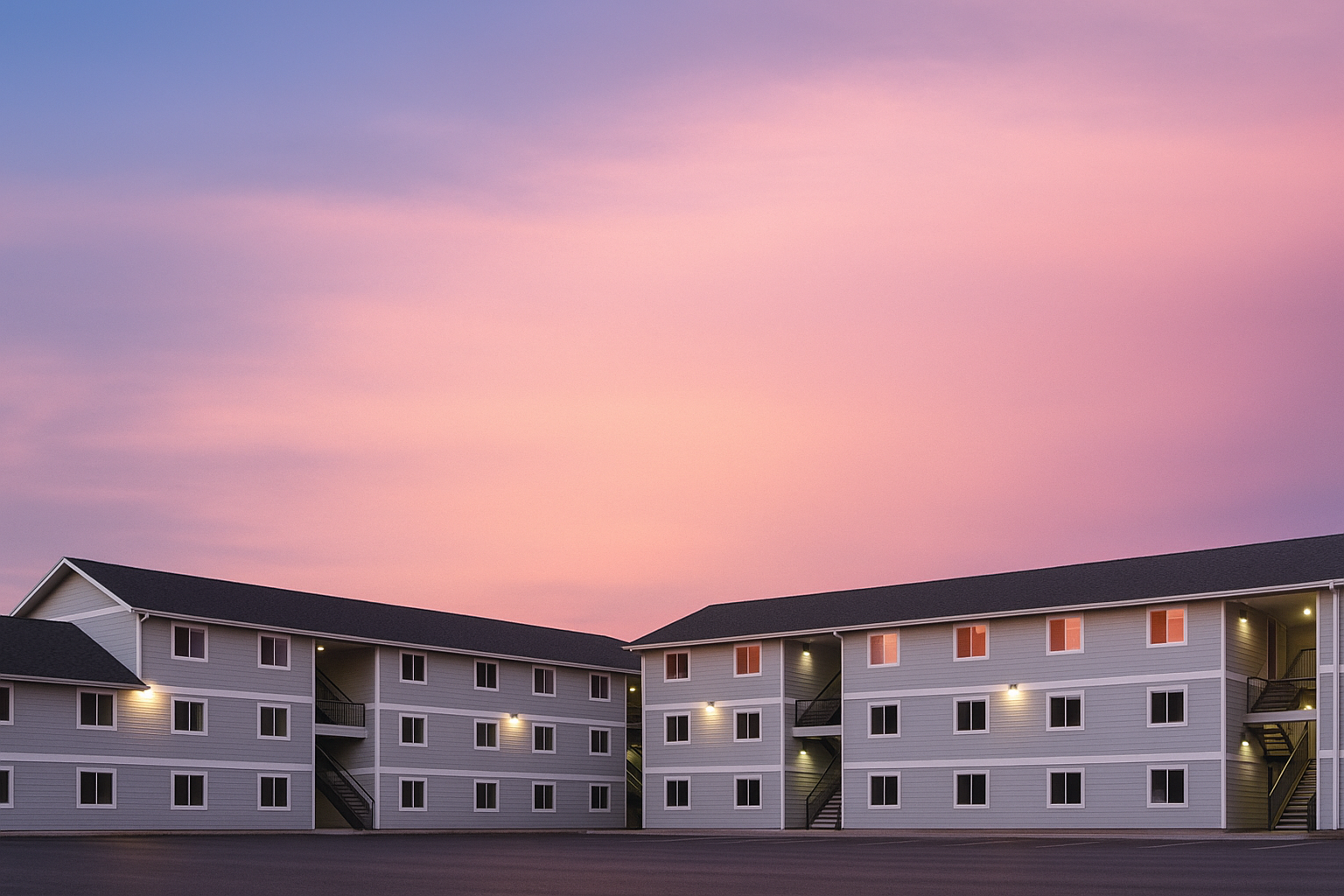 Two multi-story apartment buildings with exterior stairs, under a pink and purple sunset sky.