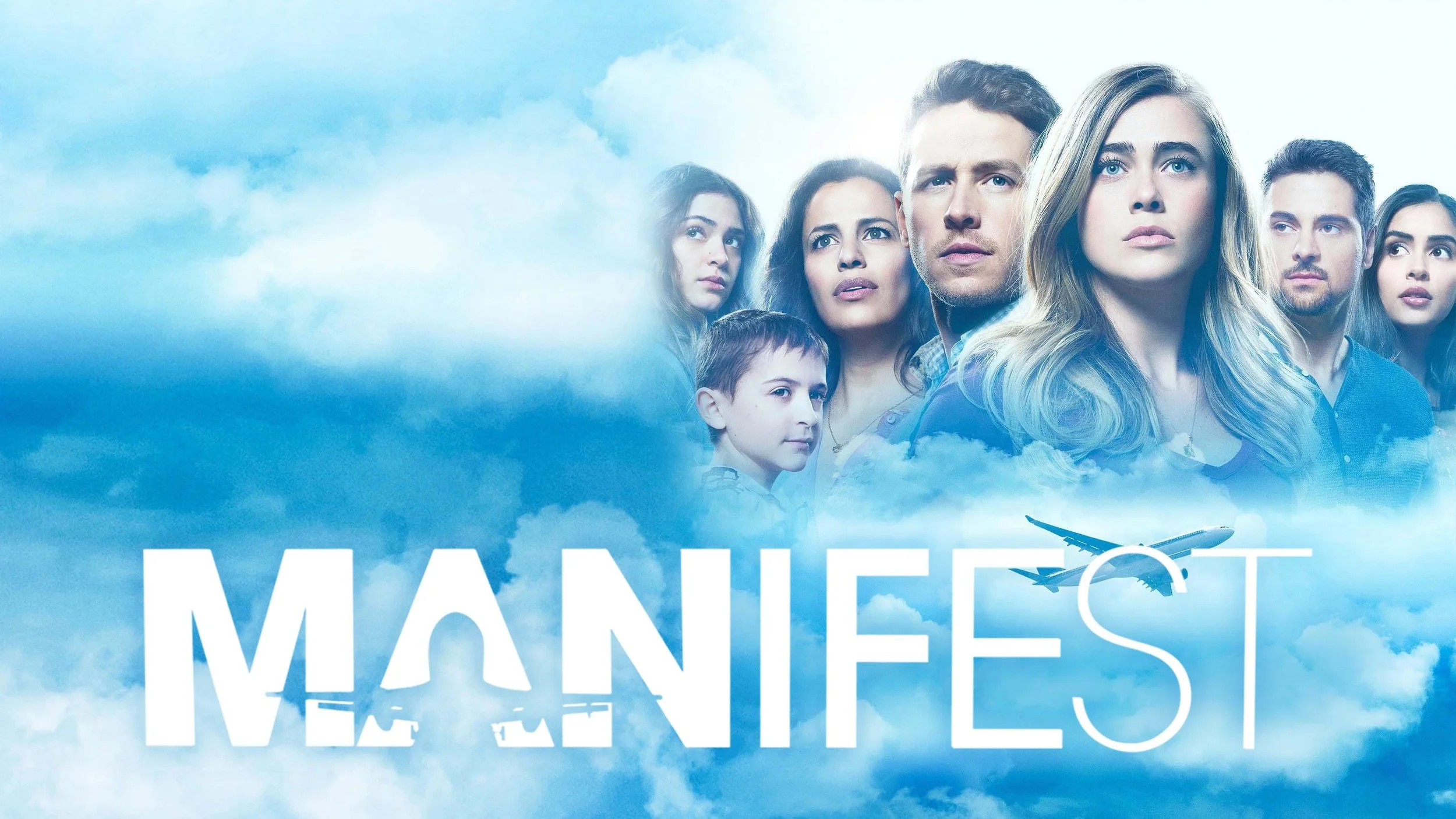 Poster for the TV series "Manifest" showing seven diverse people with serious expressions surrounded by clouds and an airplane flying through the sky.