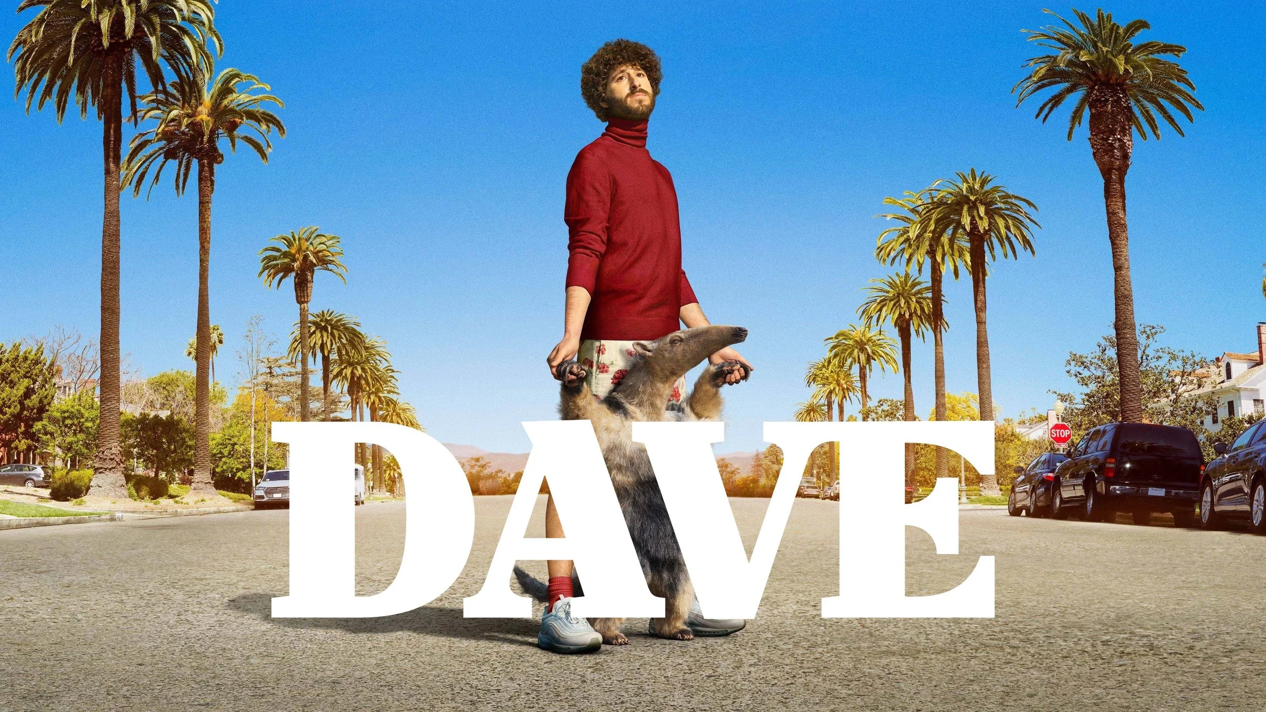 A man with curly hair, beard, and a red sweater standing on a street with palm trees, holding a dog by the hips, with the word 'DAVE' written in large white letters at the bottom.