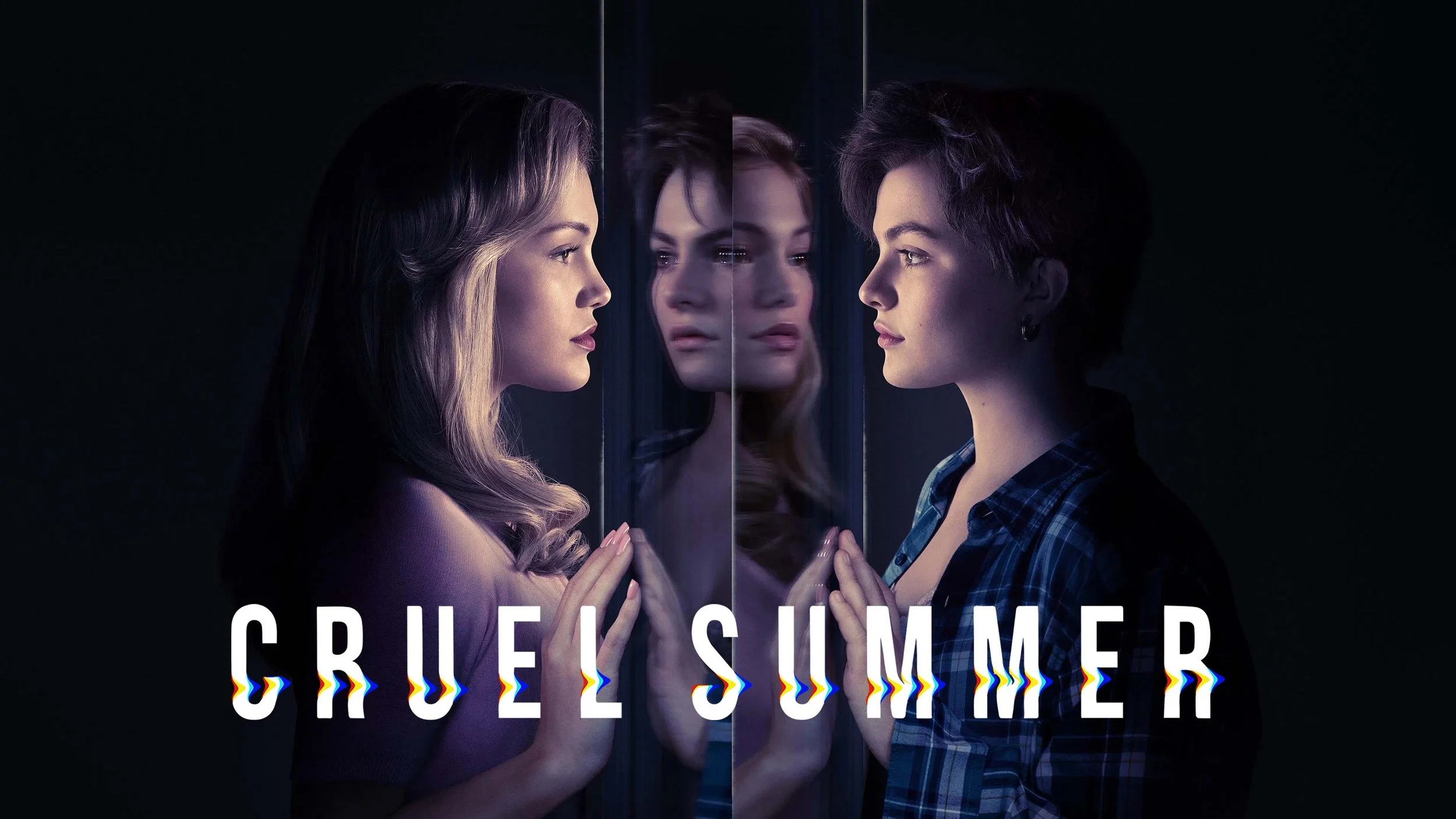 Two women facing each other with their hands on a mirror, creating the illusion of three women, with the title 'Cruel Summer' at the bottom.