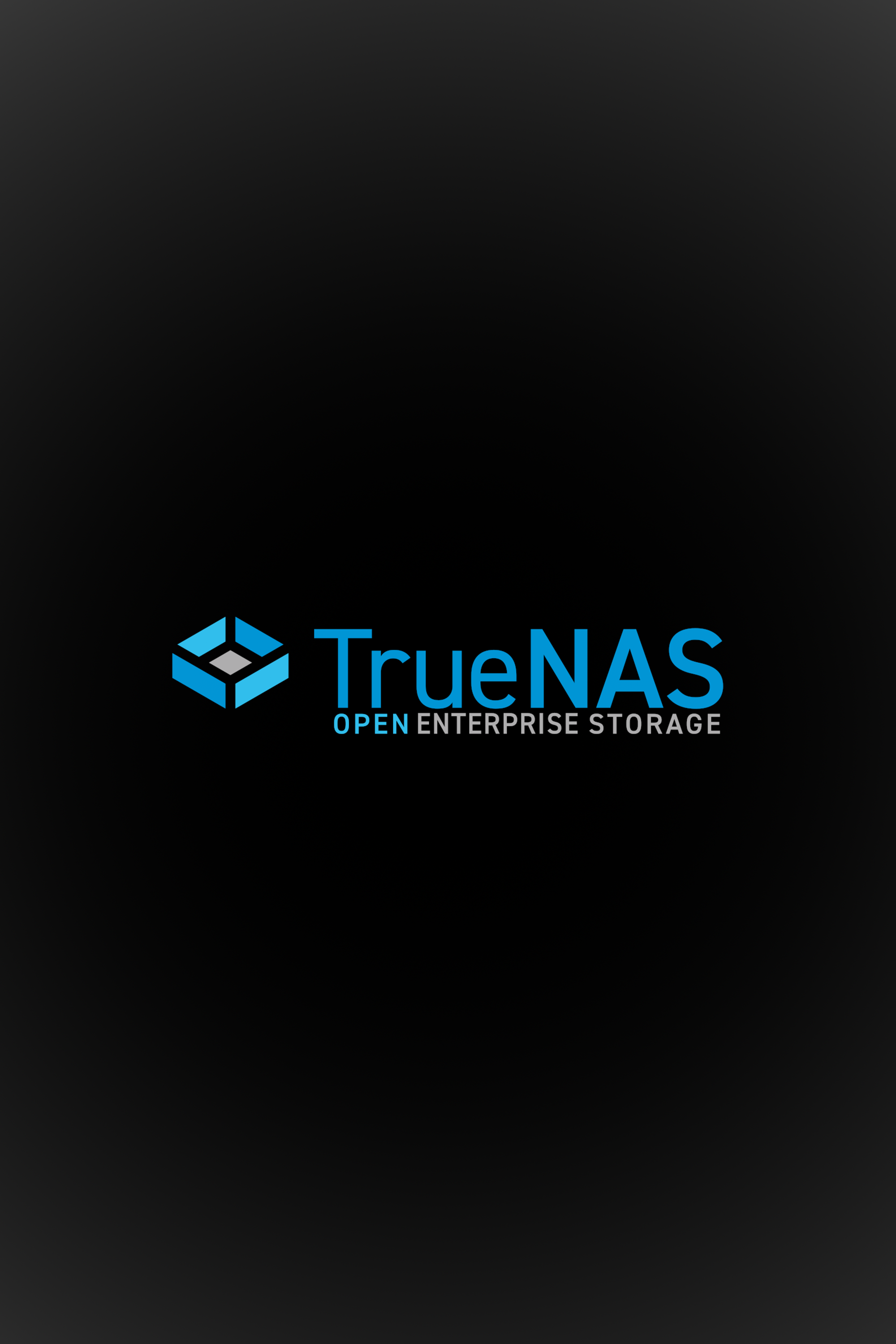 Black background with the TrueNAS logo and the words 'TrueNAS OPEN ENTERPRISE STORAGE' in blue and white text.