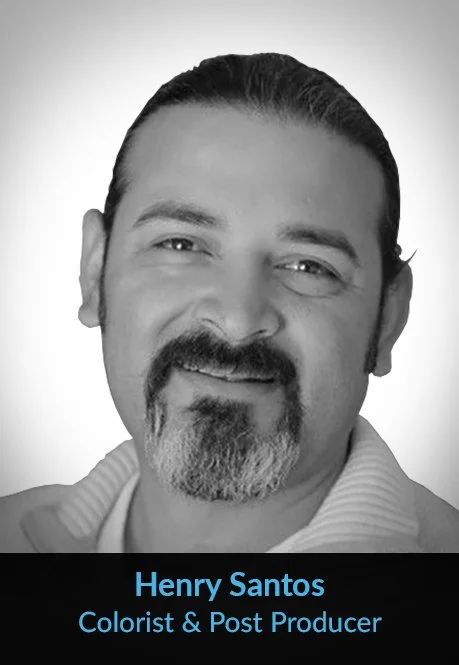 Black and white headshot of Henry Santos smiling, with text overlay identifying him as a colorist and post producer.
