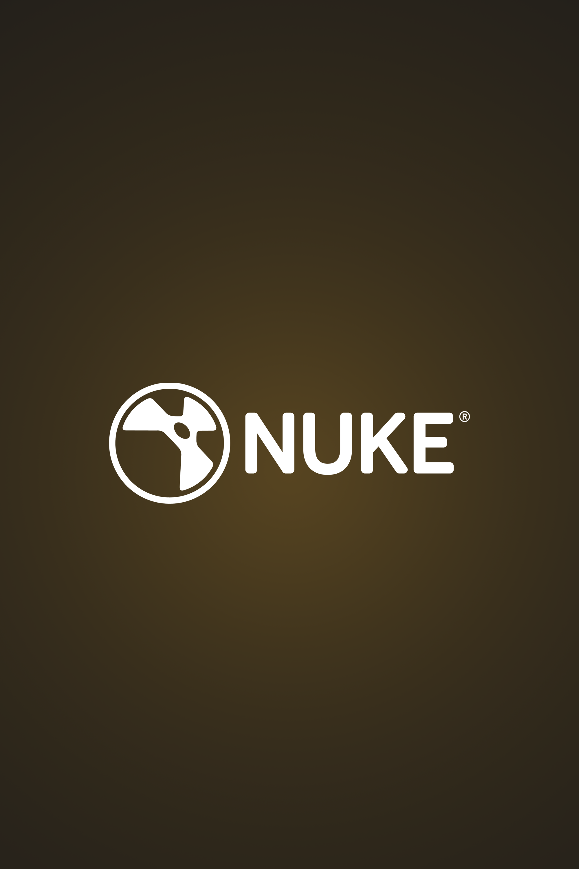 Nuke logo with stylized atom symbol on a brown gradient background.