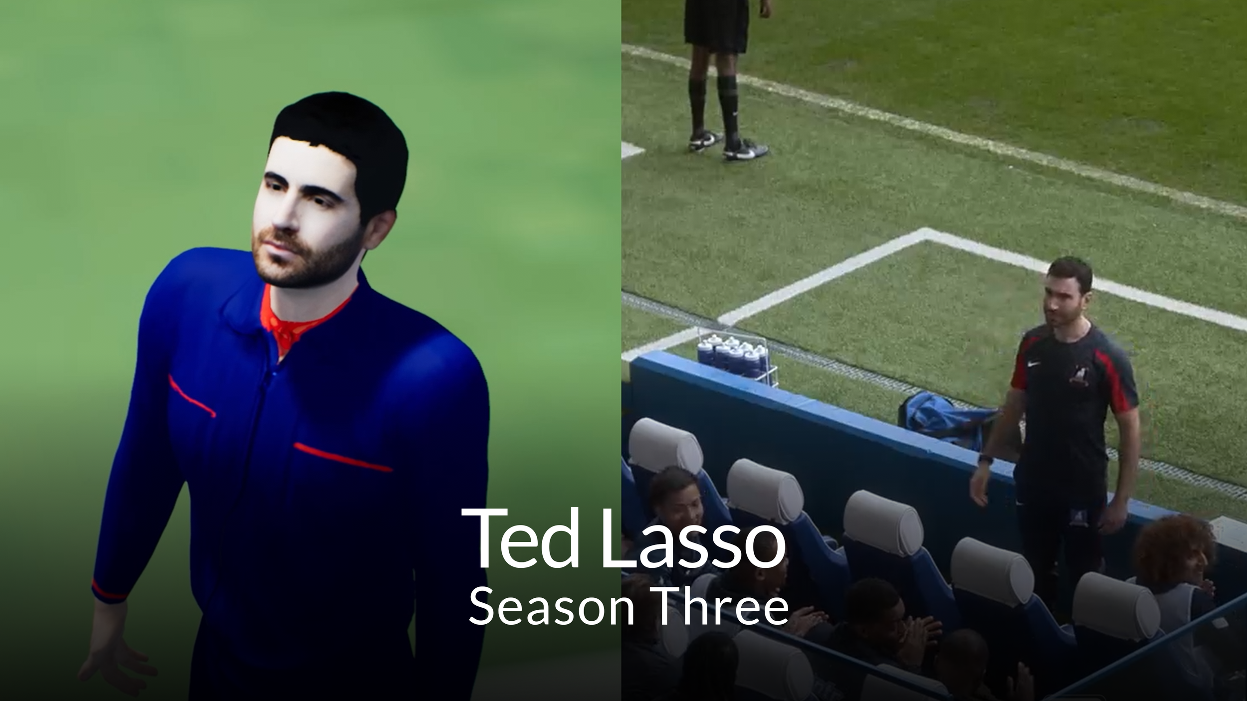 A promotional image for Ted Lasso, Season Three, displaying a split-screen with a close-up of Ted Lasso in a blue sports jacket on the left and a soccer player walking along the sideline of a soccer field on the right.