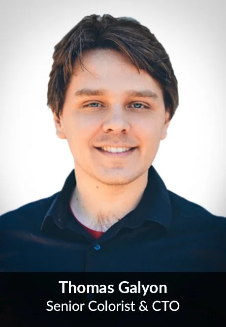 Portrait of a young man with brown hair smiling, wearing a dark shirt, with text overlay that reads 'Thomas Galyon, Senior Colorist & CTO'.