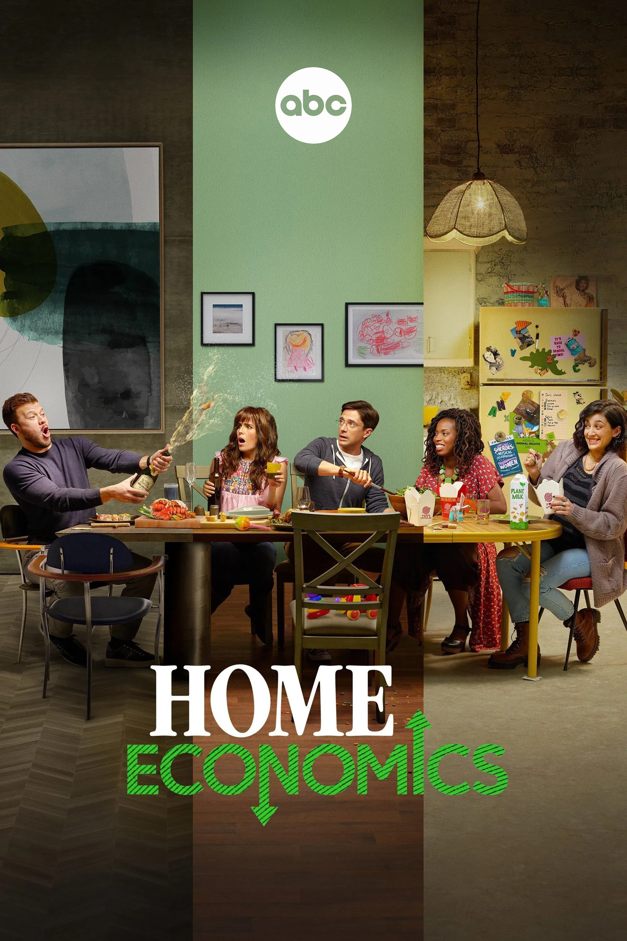 A group of five people sitting at a dining table enjoying a meal, with decorations, artwork, and a yellow refrigerator in the background. The image is divided into three vertical sections, with the ABC logo at the top and the title "Home Economics" at the bottom.