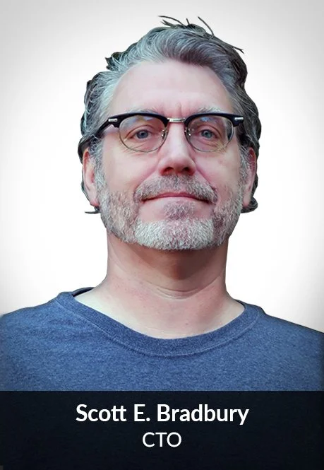 Portrait of a middle-aged man with gray hair and beard, wearing glasses and a blue shirt, with the name Scott E. Bradbury and the title CTO displayed below.
